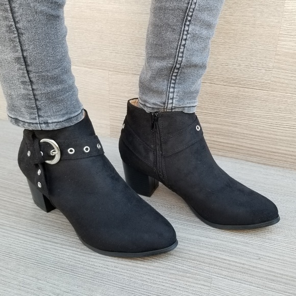 Black Vegan Suede Ankle Booties with Silver accent - Picture 2 of 8